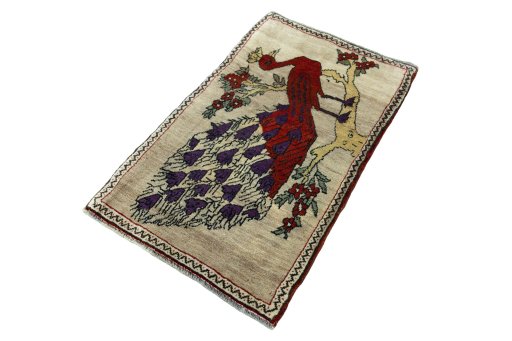 Corner detail of 2000s Persian Gabbeh rug showing border pattern and Wool pile