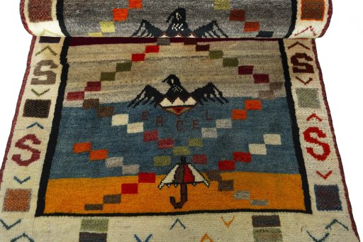 Full view of 2000s Persian Gabbeh rug from Iran / Persia, 142 × 76 cm in Multi Color tones