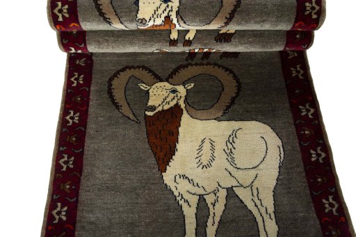 Full view of 2000s Persian Gabbeh rug from Iran / Persia, 219 × 90 cm in Gray tones