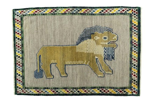 Full view of 2000s Persian Gabbeh rug from Iran / Persia, 156 × 110 cm in Beige tones