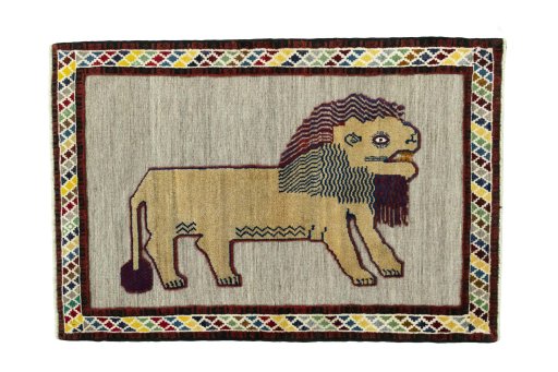 Full view of 2000s Persian Gabbeh rug from Iran / Persia, 157 × 107 cm in Beige tones