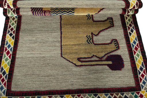 Full view of 2000s Persian Gabbeh rug from Iran / Persia, 157 × 107 cm in Beige tones