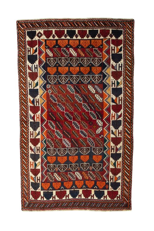 Full view of 2000s Persian Gabbeh rug from Iran / Persia, 195 × 118 cm in Red tones