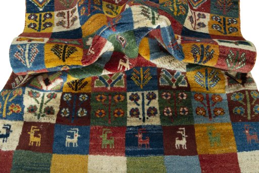 Corner detail of New Persian Gabbeh rug showing border pattern and Wool pile
