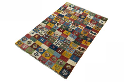 Corner detail of New Persian Gabbeh rug showing border pattern and Wool pile