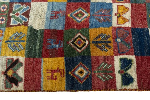 Close-up detail of New Persian Gabbeh rug from Iran / Persia showing Wool weave