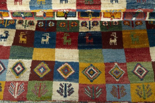 Full view of New Persian Gabbeh rug from Iran / Persia, 155 × 100 cm in Multi Color tones