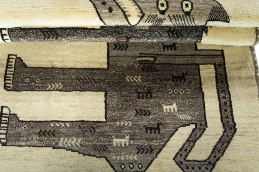 Full view of 2000s Persian Gabbeh rug from Iran / Persia, 150 × 105 cm in Beige tones