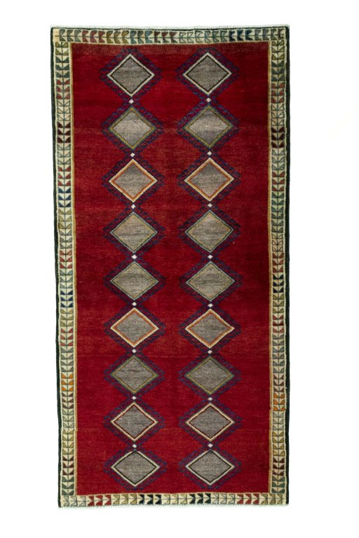 Full view of 2000s Persian Gabbeh rug from Iran / Persia, 205 × 101 cm in Red tones