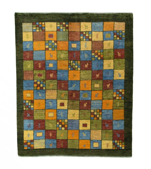Full view of 2000s Persian Gabbeh rug from Iran / Persia, 203 × 168 cm in Green tones