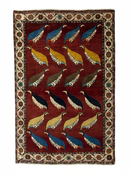 Full view of 2000s Persian Gabbeh rug from Iran / Persia, 190 × 124 cm in Red tones