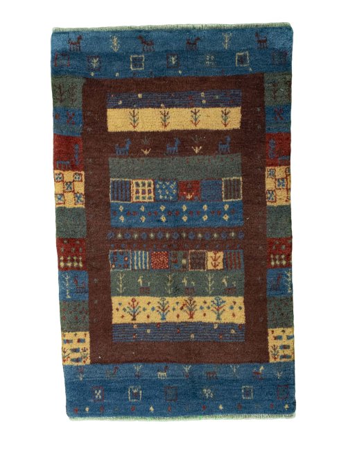 Full view of 2000s Persian Gabbeh rug from Iran / Persia, 132 × 83 cm in Multi Color tones