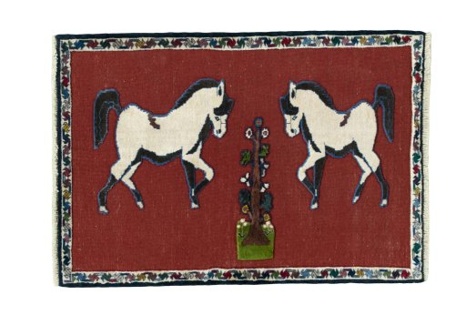 Full view of 2000s Persian Gabbeh rug from Iran / Persia, 121 × 83 cm in Red tones