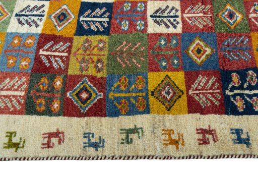 Close-up detail of 2000s Persian Gabbeh rug from Iran / Persia showing Wool weave