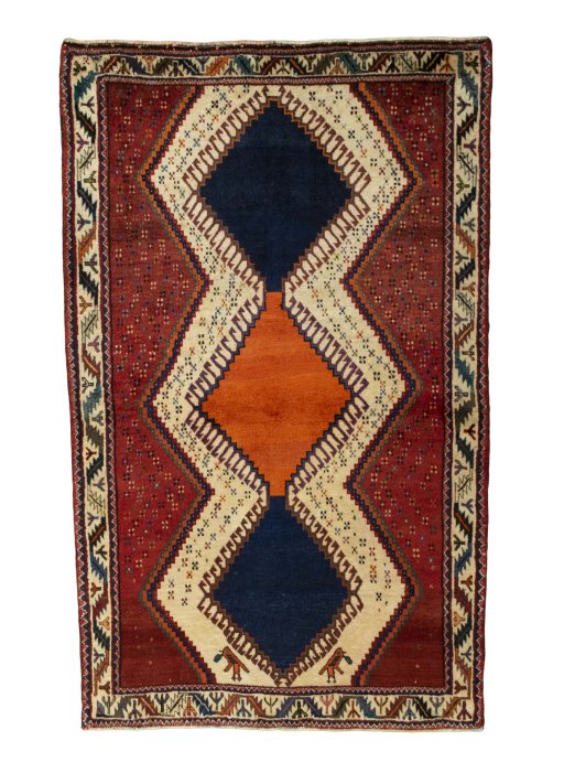 Full view of 2000s Persian Gabbeh rug from Iran / Persia, 178 × 111 cm in Red tones
