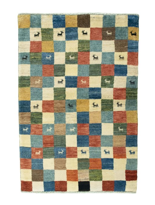 Full view of 2000s Persian Gabbeh rug from Iran / Persia, 150 × 101 cm in Multi Color tones