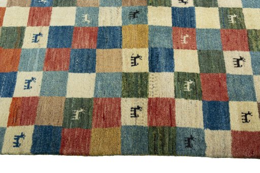 Close-up detail of 2000s Persian Gabbeh rug from Iran / Persia showing Wool weave