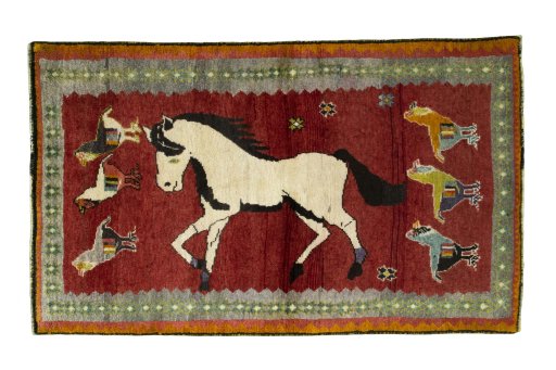 Full view of 2000s Persian Gabbeh rug from Iran / Persia, 173 × 105 cm in Red tones