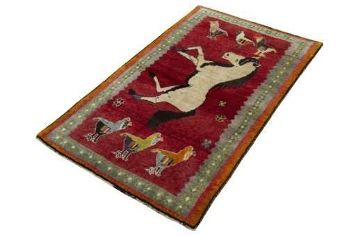 Corner detail of 2000s Persian Gabbeh rug showing border pattern and Wool pile