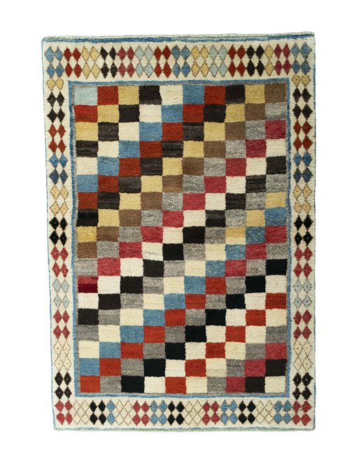 Full view of 2000s Persian Gabbeh rug from Iran / Persia, 153 × 107 cm in Multi Color tones