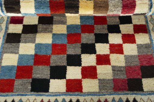 Full view of 2000s Persian Gabbeh rug from Iran / Persia, 153 × 107 cm in Multi Color tones