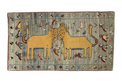 Full view of 2000s Persian Gabbeh rug from Iran / Persia, 210 × 118 cm in Beige tones