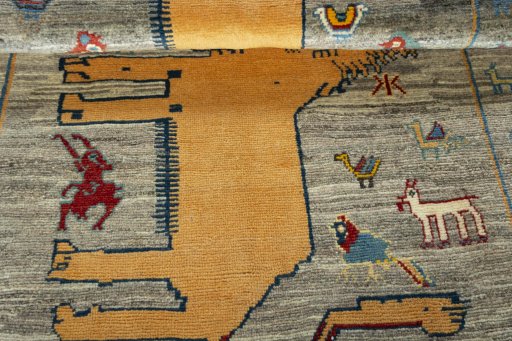 Full view of 2000s Persian Gabbeh rug from Iran / Persia, 210 × 118 cm in Beige tones