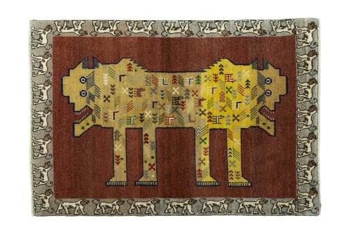 Full view of 2000s Persian Gabbeh rug from Iran / Persia, 155 × 107 cm in Red tones