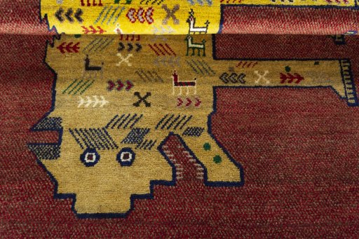 Full view of 2000s Persian Gabbeh rug from Iran / Persia, 155 × 107 cm in Red tones