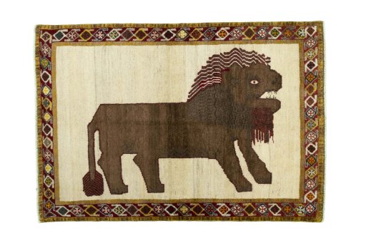 Full view of 2000s Persian Gabbeh rug from Iran / Persia, 156 × 108 cm in Beige tones