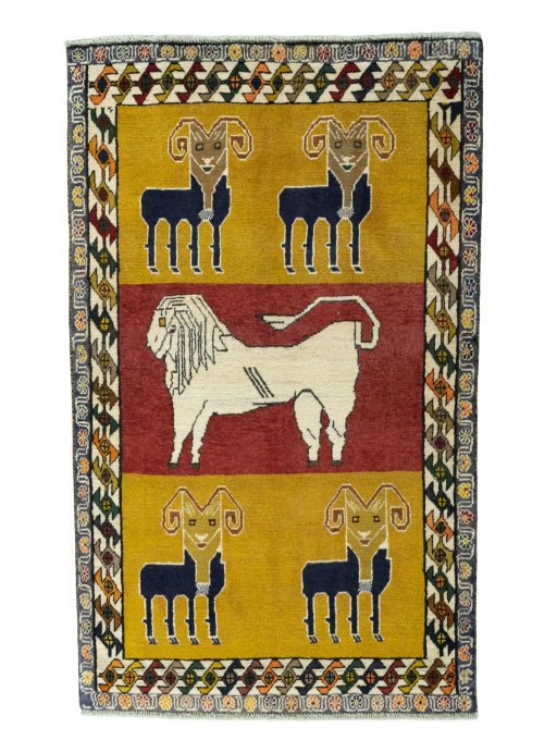 Full view of 2000s Persian Gabbeh rug from Iran / Persia, 181 × 110 cm in Red tones