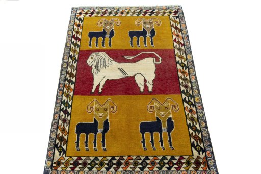 Surface texture of 2000s Persian Gabbeh rug with natural Wool and intricate pattern