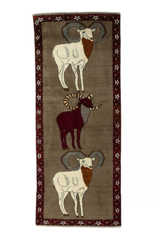 Full view of 2000s Persian Gabbeh rug from Iran / Persia, 218 × 88 cm in Brown tones