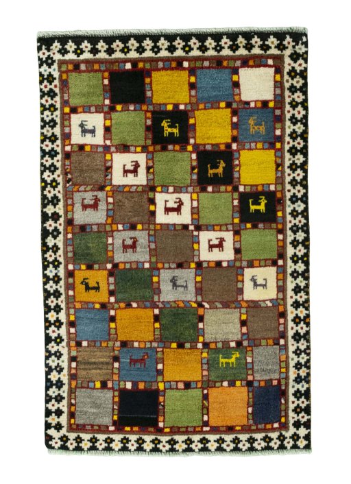 Full view of 2000s Persian Gabbeh rug from Iran / Persia, 124 × 80 cm in Multi Color tones
