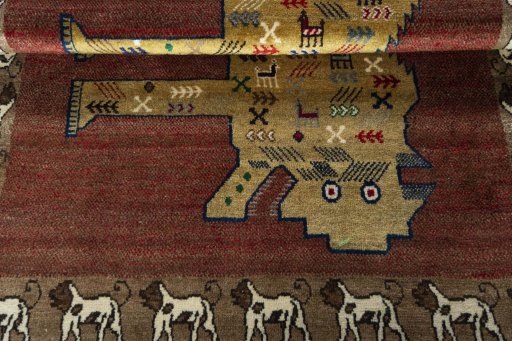 Full view of 2000s Persian Gabbeh rug from Iran / Persia, 152 × 107 cm in Red tones