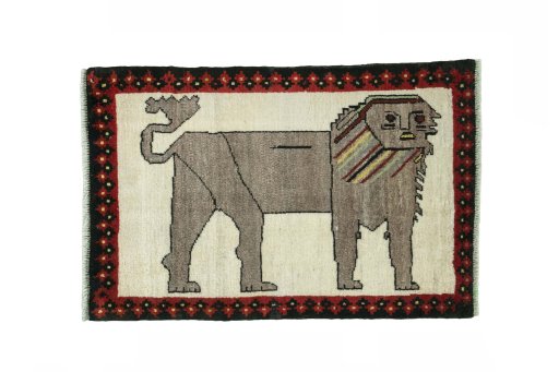 Full view of 2000s Persian Gabbeh rug from Iran / Persia, 94 × 61 cm in Beige tones