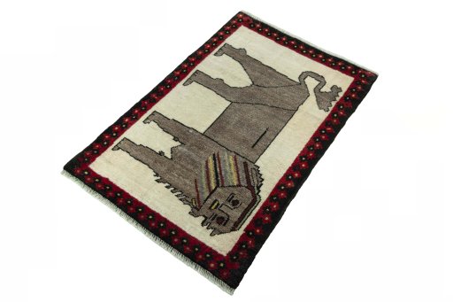 Corner detail of 2000s Persian Gabbeh rug showing border pattern and Wool pile