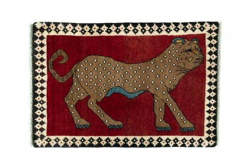 Full view of 2000s Persian Gabbeh rug from Iran / Persia, 93 × 63 cm in Red tones