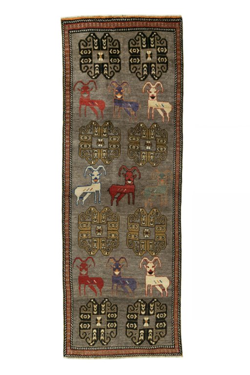 Full view of 2000s Persian Gabbeh rug from Iran / Persia, 296 × 105 cm in Gray tones