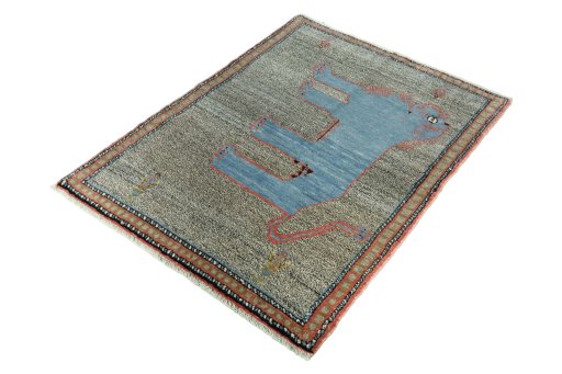Corner detail of New Persian Gabbeh rug showing border pattern and Wool pile