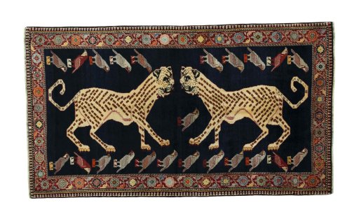 Full view of 2000s Persian Gabbeh rug from Iran / Persia, 271 × 154 cm in Blue tones