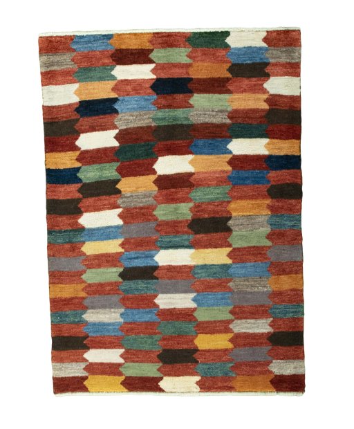 Full view of New Persian Gabbeh rug from Iran / Persia, 148 × 106 cm in Multi Color tones