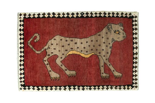 Full view of 2000s Persian Gabbeh rug from Iran / Persia, 128 × 85 cm in Red tones