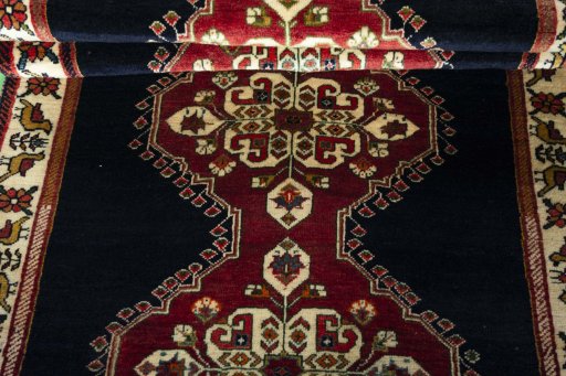 Full view of 2000s Persian Gabbeh rug from Iran / Persia, 225 × 115 cm in Blue tones