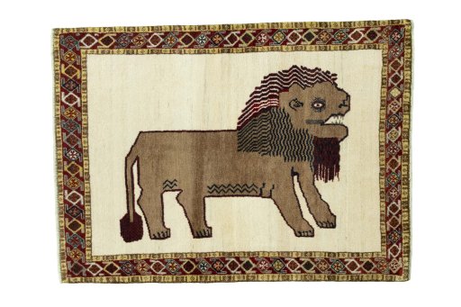 Full view of 2000s Persian Gabbeh rug from Iran / Persia, 152 × 111 cm in Beige tones