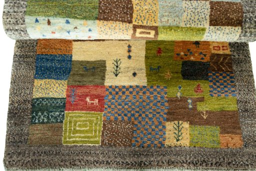 Full view of New Persian Gabbeh rug from Iran / Persia, 120 × 85 cm in Multi Color tones