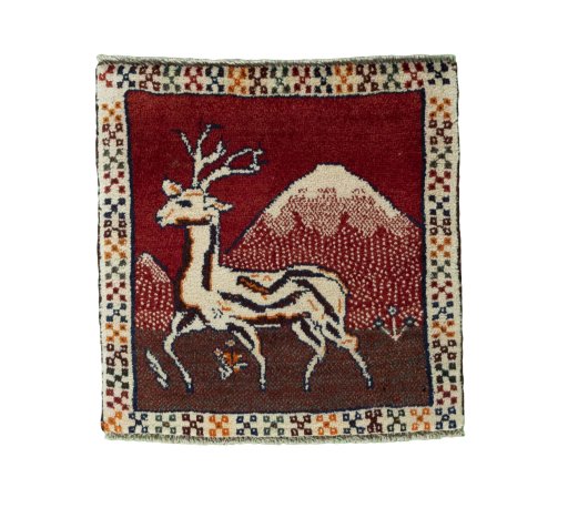 Full view of 2000s Persian Gabbeh rug from Iran / Persia, 57 × 57 cm in Red tones