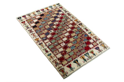 Close-up detail of 2000s Persian Gabbeh rug from Iran / Persia showing Wool weave
