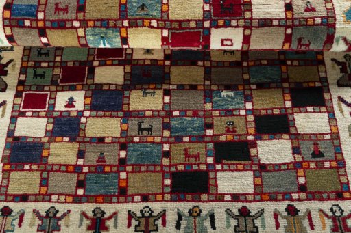 Full view of 2000s Persian Gabbeh rug from Iran / Persia, 153 × 104 cm in Multi Color tones