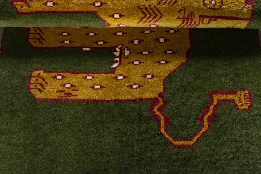Full view of 2000s Persian Gabbeh rug from Iran / Persia, 153 × 104 cm in Green tones